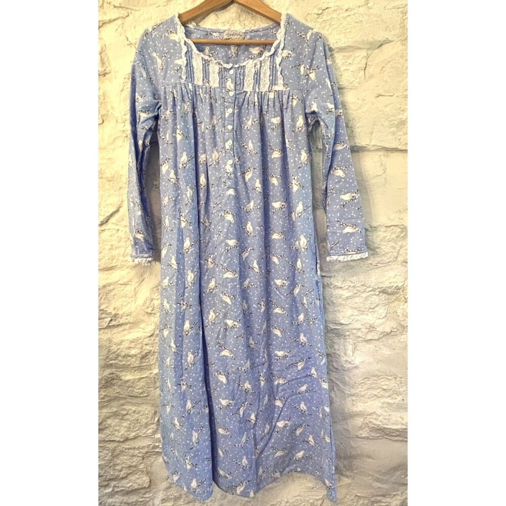 Lanz of Salzburg Blue Bird Print Flannel Nightgown XS Lace Trim Cottagecore